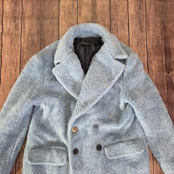 Zara Teddy Coat Womens S Blue Double Breasted Mid Length Faux Pockets Faux Fur - Picture 8 of 10